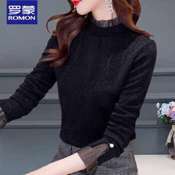 Luo meng fashionable half-high collar lace bottoming shirt for women, new style, stylish inner shirt, long-sleeved winter style, velvet and thickened top, black, no velvet, thin section, 3xl, recommended for those weighing 130-150 pounds