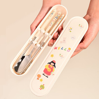 Wanjiazhen 316 portable tableware set, chopsticks and spoon storage box, chopsticks and spoons, children's lunch box, portable elementary school student, one person, hello girl portable tableware, spoon + chopsticks two-piece set