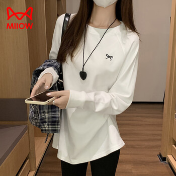 Miiow white round neck long-sleeved t-shirt autumn sweatshirt inner layering shirt lazy and relaxed basic mid-length top for women white m