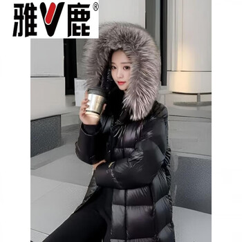 Yalu black gold goose down fur collar down jacket winter slimming over the knees 2026 new long warm slim thick jacket goose down jacket 95% white goose down women-black gold long fur collar s _recommended 90-105 catties
