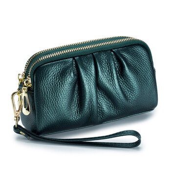 Other/others 2025 new wallet women's genuine leather small handbag women's double layer large capacity first layer leather coin purse mobile phone handbag dark green