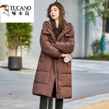 Woodpecker 2025 winter new style hooded mid-length knee-length loose thickened warm white duck down down jacket for women light brown thin s