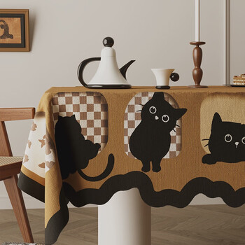 Sanqihu new chinese style special-shaped tablecloth, windproof, waterproof and anti-scalding table mat, chinese style coffee table tablecloth, rectangular table, black cat lying on the window, hemp-feeling tablecloth-lace special-shaped 120*120cm, suitable for small square tables