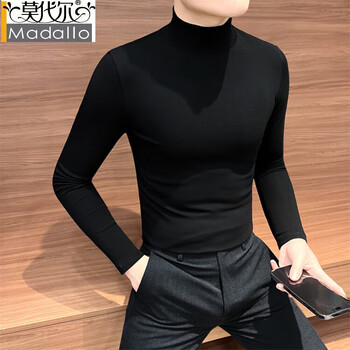 Modal half turtleneck men's base layer winter velvet thickened warm inner long-sleeved fashionable warm young and middle-aged t-shirt black l recommended within 130 pounds