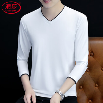 Langsha (langsha) middle collar simple slant collar solid color half turtleneck pure cotton long-sleeved t-shirt men's trendy brand men's and women's bottoming shirt white t191 v-neck m 85-115 catties
