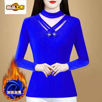 Early diameter half turtleneck lace bottoming shirt for women, long-sleeved, autumn and winter new style, velvet and thickened inner, mom style warm top, colorful blue, velvet, thickened m, recommended 80-100 pounds