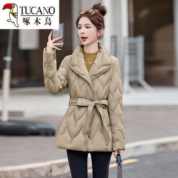 Woodpecker (tucano) brand 2026 black short down jacket women's lapel waist belt lightweight warm jacket small green card quality upgraded version m