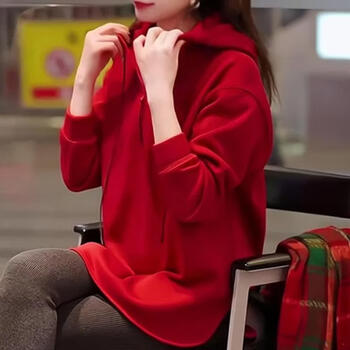 Designed half-zip fashionable and versatile hooded sweatshirt for women in winter new european and korean style loose irregular top red velvet thickened l (recommended 120-140 pounds)