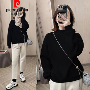 Pierre cardin brand leaked high-quality velvet thickened half turtleneck sweatshirt for women, european style warm top, trendy jacket, black (clean version without printing) half turtleneck, velvet 2xl