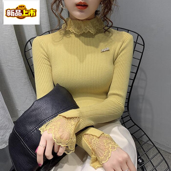 Chujing 2025 new velvet thickened knitted bottoming shirt for women in autumn and winter high collar lace collar with a fashionable sweater yellow s 95 catties and below