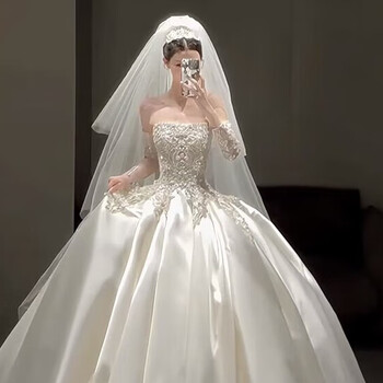 Wenmi winter wedding dress for petite satin tube top bride 2024 new french style heavy industry main yarn white tail wedding dress (plus eight pieces set) xl