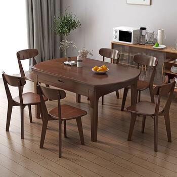 Guansi dining table solid wood new chinese style large and small apartment home restaurant telescopic folding square and round dual-purpose dining table and chair combination walnut color 1.2 meters table + four louis