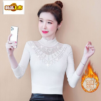 Chujing mom bottoming top women's lace bottoming autumn and winter long sleeve mesh plus velvet fashion fashionable western style warm top white warm plus velvet m 80-98