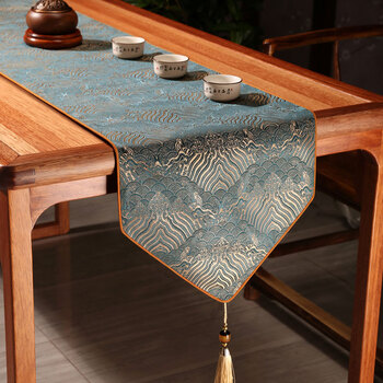 Caizhi high-end tablecloth chinese table runner new light luxury high-end tea table cloth decorative tea table tv cabinet cushion cloth bed flag fixed dragon scale satin full flower table runner - green triangle style 34cm*160cm (suitable for 1.1m-1.2m table)