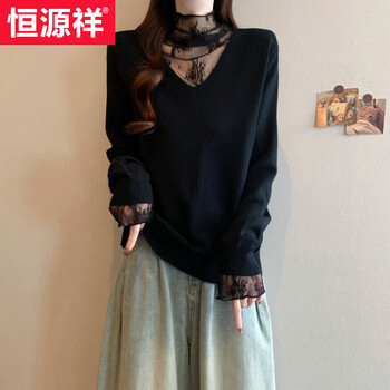 Hengyuanxiang women's french lace half-high collar long-sleeved bottoming sweater autumn and winter with fat mm temperament slimming top black m 80~100 pounds