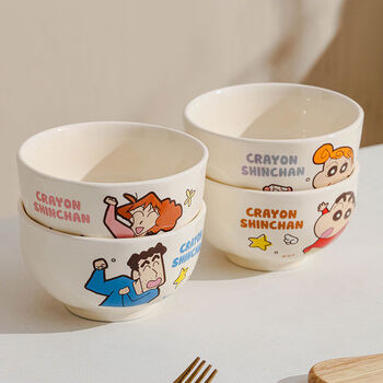 Pick-up cat crayon shin-chan, a family of four, ceramic bowl gift box, personal rice bowl, good-looking housewarming gift, family of four - 4 bowls, foam package