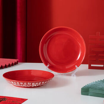 Shi jin fruit plate for moving to a new house, fruit plate for good luck at home, ceramic fruit plate with blessing characters, red vegetable plate, new year, 2 7-inch baifu red plates, simple decoration