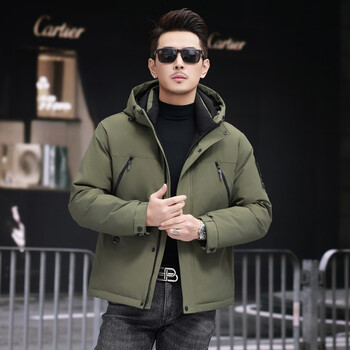 Yaya 2025 winter new men's hooded down jacket short 90 duck down outdoor windproof and cold-proof thickened warm jacket green l 175/92a