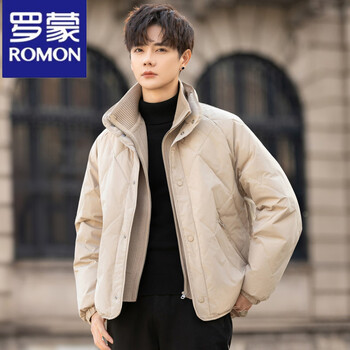 Romon knitted splicing fake two-piece down jacket men's winter stand collar lightweight thickened jacket handsome national standard 90 down winter jacket khaki white duck down l within 120