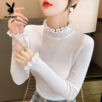 Playboy (playboy) black bottoming shirt for women, fashionable inner style, autumn and winter style ruffled sweater top, slim tight half-turtleneck sweater, white s
