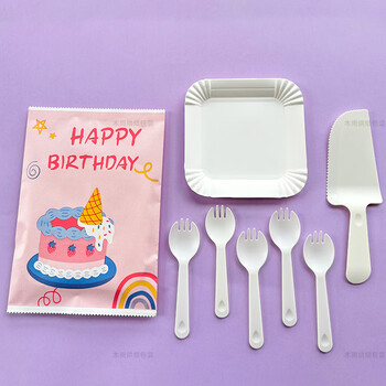 Yusenyi cute paper bag dinner plate knife and fork thickened square plate spoon fork candle cake tableware set white set 5 plates 5 forks 1 knife 300 sets