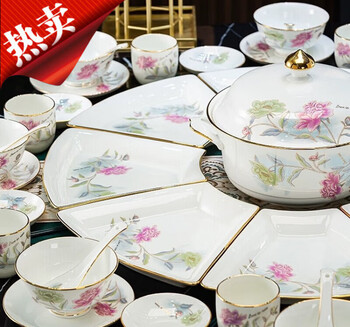 Jingyi pottery bowls and plates fan-shaped round table tableware chinese tableware platter combination rose gold rim high temperature new year's eve dinner housewarming gift rose meet reunion color box 70 pieces