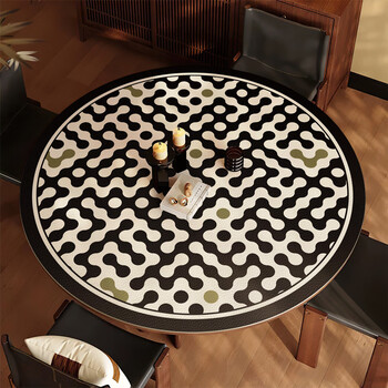 Fantasy black and white plaid round table mat, round dining table mat, durable tablecloth, desk mat, coffee table mat, black and white plaid round table mat k, round diameter 60cm, waterproof, oil-proof and easy to care for