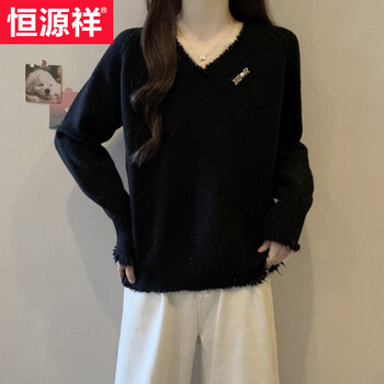 Hengyuanxiang spring, autumn and winter women's fat mm sweater v-neck sweater with tassels, loose and slimming, long-sleeved right shoulder top, black l, recommended 90-115 catties