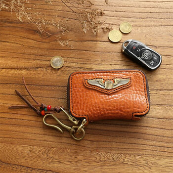 Xia fanxi xiofarsey first-layer cowhide multi-function key bag men's genuine leather large-capacity zipper key bag driver's license card holder two-in-one yellow brown