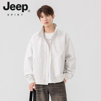 Jeep spirit american work jacket men's 2025 spring and autumn trendy brand three-proof solid color versatile flight jacket loose top ivory white m