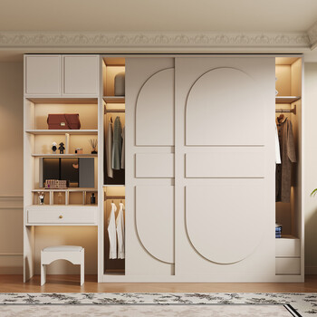 Jianmu oak solid wood cream style home bedroom french cream white sliding door wardrobe dresser combination 810 total length 1.6 meters 1.0 meter sliding door wardrobe + 0.6 meter dresser 2.1 meters high - enf maternal and child grade environmentally friendly antibacterial oak