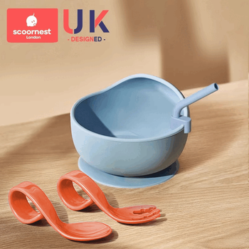 Kescoorl baby learning to eat training non-staple food bowl silicone children's tableware all-in-one baby special suction cup bowl anti-fall and easy to learn to eat three-piece set silent blue + elbow training spoon + straw