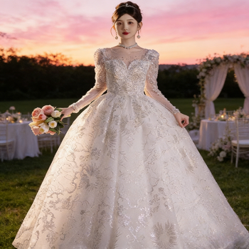 Overview 2025 new french one-shoulder light wedding dress with texture, long-sleeved main yarn, petite bride's wedding dress, white floor-length dress (wedding dress + 8-piece set) m