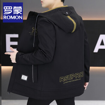 Romon jacket men's spring and autumn mid-length 2025 new trendy casual high-end handsome hooded windbreaker men's black regular style xl