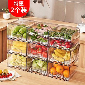 Sungsa drawer-type refrigerator storage box, food-grade refrigerator, large fresh-keeping box, egg carton, vegetable storage box with drain tray, 5.2l double-layer drawer (pet high transparency 2 pieces)