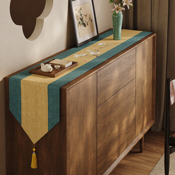He jiagong new chinese entrance shoe cabinet anti-dirty drawer cabinet bunting tv cabinet long tablecloth high-end countertop cover white jade scroll triangle c tassel michelle chenille 30*200cm suitable for tabletop length 140-160cm