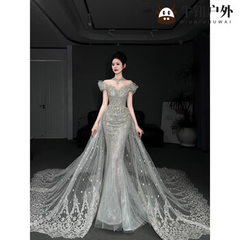 Tlxt wedding dress bridal main yarn trailing fishtail light wedding dress 2025 new bridal french going out yarn one-shoulder heavy main wedding dress fishtail skirt (seven-piece set included) s