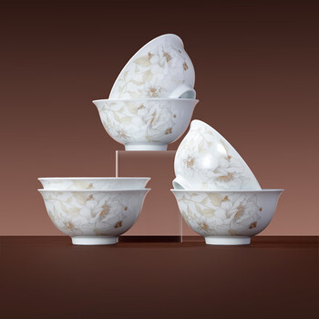 Jingdezhen (jdz) ceramic high white porcelain bowl set household rice bowl 4.5 inch porcelain bowl set 6 bowls chinese style applique fragrance and rhyme