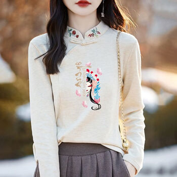 Woodpecker (tucano) ethnic style german velvet stand-up collar long-sleeved bottoming shirt for women in winter thickened printed top new chinese style plus velvet embroidery apricot shadow puppet m recommended 80-105 pounds