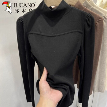 Woodpecker (tucano) designed puff sleeves, half-high collar, thickened velvet long-sleeved t-shirt for women, new style autumn and winter style bottoming shirt, trendy top, black 2xl, recommended 130-140 pounds
