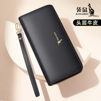 Kangaroo wallet women's genuine leather long clutch multi-card slot long wallet 2025 new fashion large capacity clutch classic black