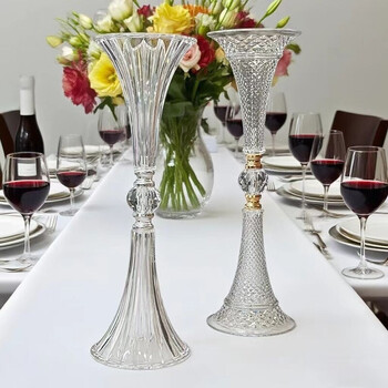 Fantasy european-style acrylic vase, high-end wedding banquet dining table, living room light luxury flower vessel, wedding props, home luxury product, silver acrylic streamlined flower vessel (47*15cm)