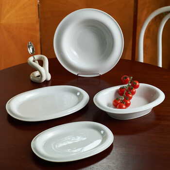 Four moon green glaze ceramic western food plate home plate fruit salad plate breakfast dessert plate minimalist reverse deep plate oval deep plate