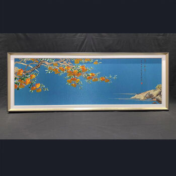 Fantasy gourd decoration painting living room sofa background wall hanging embroidery mural g style persimmon ruyi brocade embroidery single piece walnut color rounded corner frame brocade painting core plexiglass mounting package installation 220x80