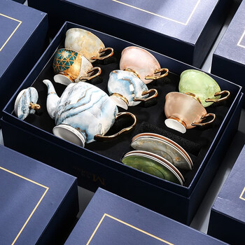 He jiagong european-style bone china cup, high-end and exquisite british-style afternoon tea tea set, high-end housewarming gift, full of gold and jade + large foggy sea pot - dark blue gift box