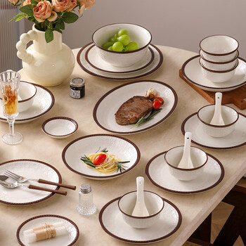 Glohh retro style rattan ceramic bowl and tableware set, home high-end dish set, moving to new home, wedding tableware, woven 12-piece set for two