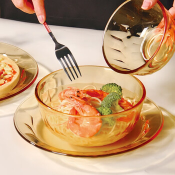 Tuojin amber diamond pattern high borosilicate heat-resistant glass dishes rice bowl soup bowl fruit plate dinner plate 43-piece set los angeles diamond pattern bowl 13cm*2 43-piece set