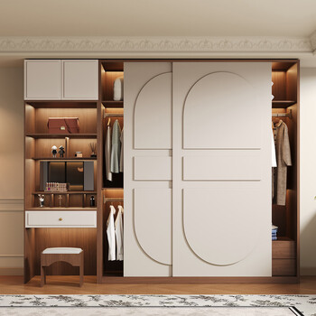 Jianmu oak all solid wood mid-century style home bedroom walnut color with white sliding door wardrobe and dressing table combination 810 total length 1.8 meters 1.2 meters sliding door wardrobe + 0.6 meter dressing table 2.4 meters high - enf maternal and child grade environmentally friendly antibacterial oak