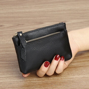 Genuine leather coin purse women's small mini cowhide mother's zip key thin small wallet coin small coin bag black