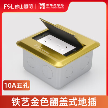 Fsl foshan lighting ground plug socket ground network cable ground plug five-hole ground socket invisible ultra-thin embedded iron golden flip cover 10a five-hole ground plug (send bottom box)